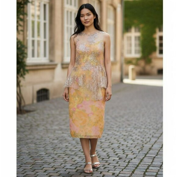 Badgley Mischka Peach Floral Dress – Size 14 – Scoop Neck – Sleeveless - Picture 1 of 9